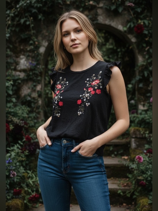 Alya Tops - Alya Black Red Floral Top Flutter Sleeve Intentional Holes Dark Boho Grunge L